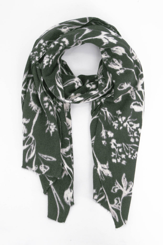 khaki green midweight winter scarf with a white vintage floral pattern all over