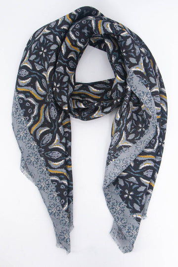 black and grey mosaic tile print scarf with a floral print pattern and bordered edge