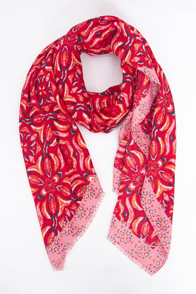 red and pink mosaic tile print scarf with a floral print pattern and bordered edge