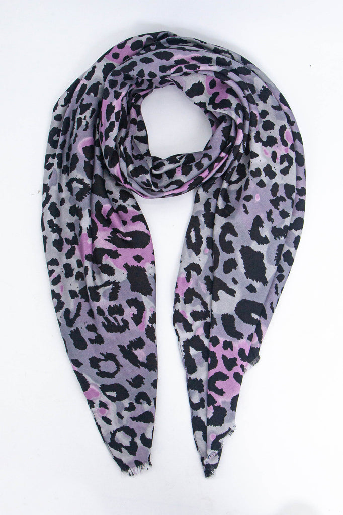 grey and pink ombre scarf with an all over black leopard print pattern