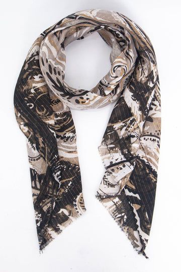 a neutral tone marble effect paisely print scarf with a subtle gold metallic stripe running throughout