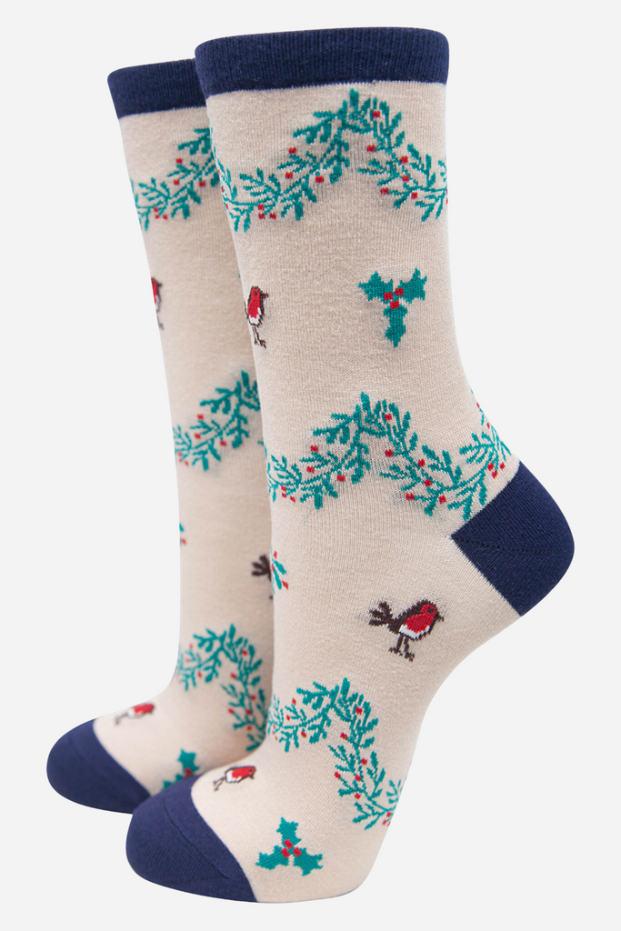 cream bamboo socks with robin birds and green xmas holly garlands