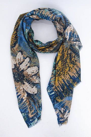 blue and mustard yellow paint splash floral pattern lightweight scarf