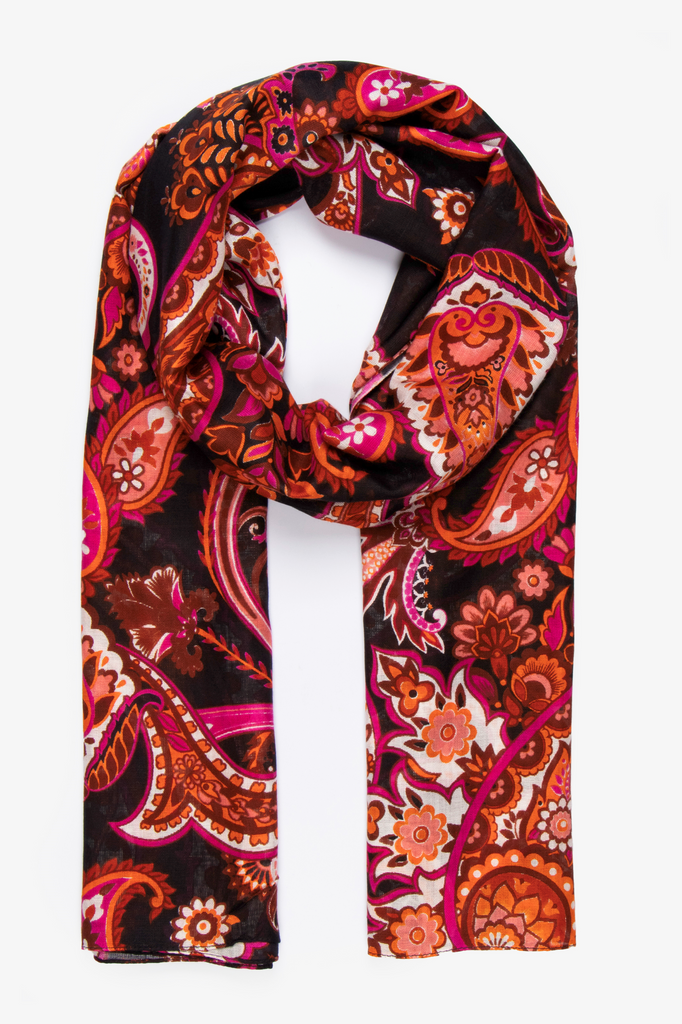 black, pink and orange paisley print lightweight scarf