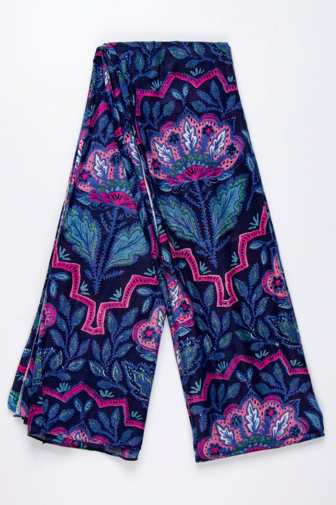 navy blue and pink mosaic style floral pattern lightweight scarf