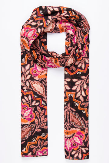 black, orange and pink mosaic style floral pattern lightweight scarf