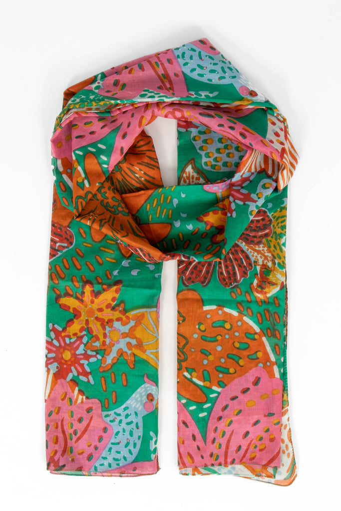 amara-lightweight-cotton-scarf-green-floral-jungle-print-colourful-pattern-pink-orange-blue