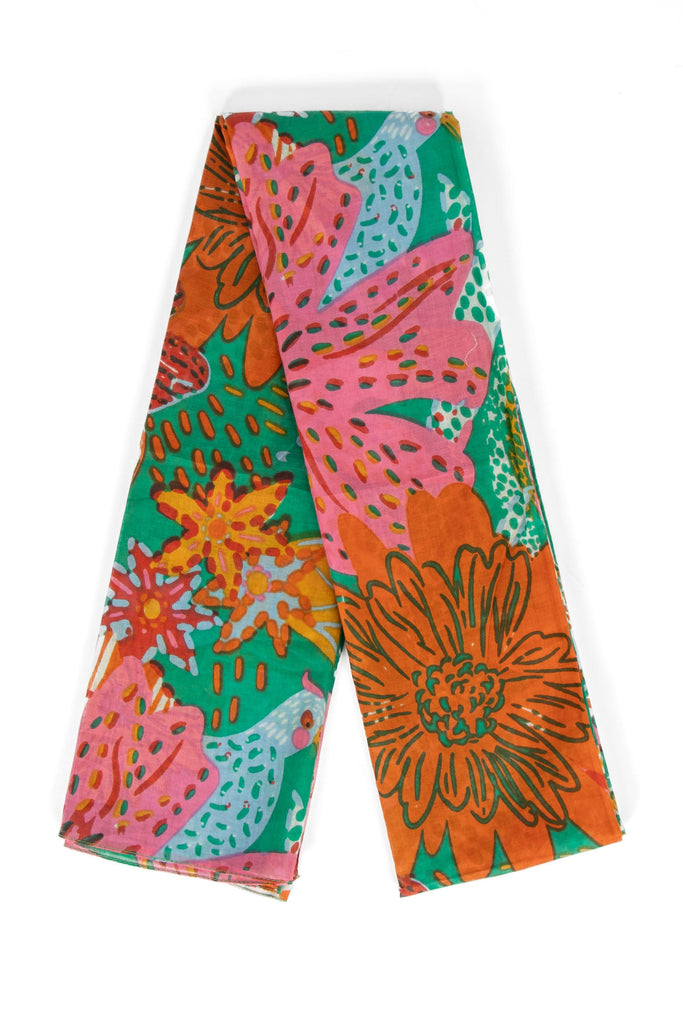 amara-lightweight-cotton-scarf-green-floral-jungle-print-folded-all-over-pattern-multicoloured-bold-flowers-leaves