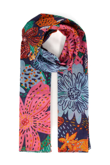 amara-lightweight-cotton-scarf-navy-blue-floral-jungle-print-colourful-pattern-pink-orange-blue