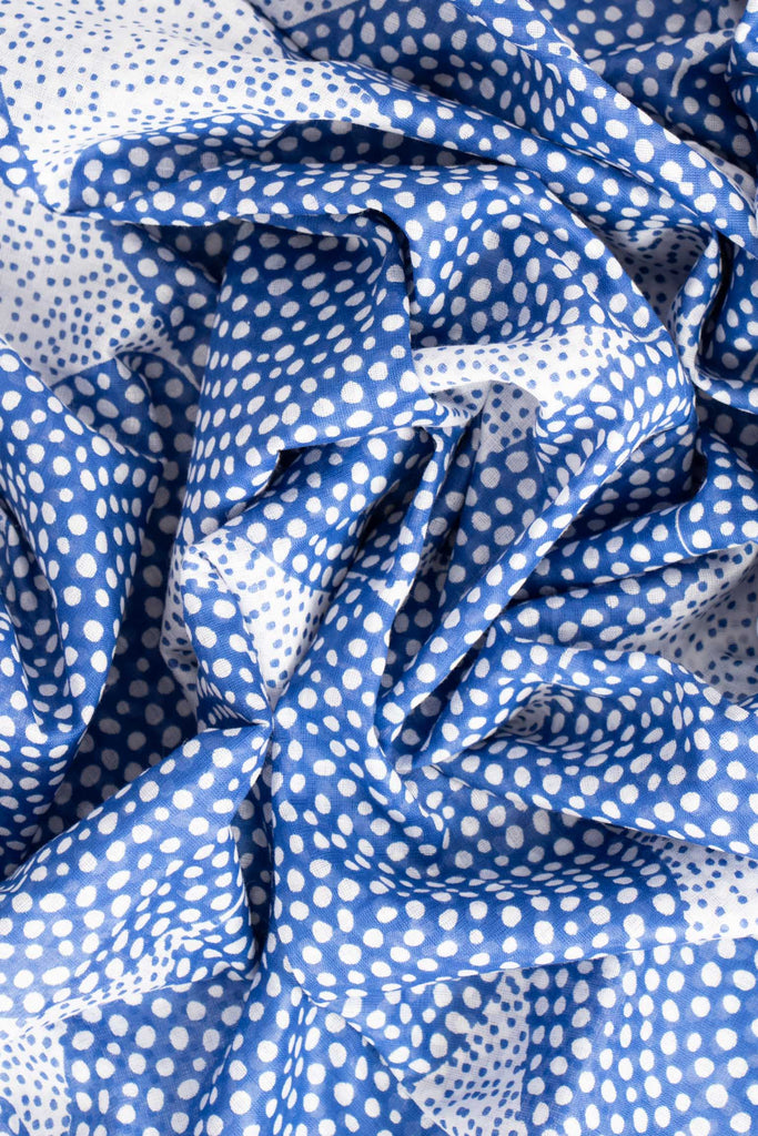 camille-lightweight-cotton-scarf-blue-polka-dot-circles-close-up-soft-material-spots