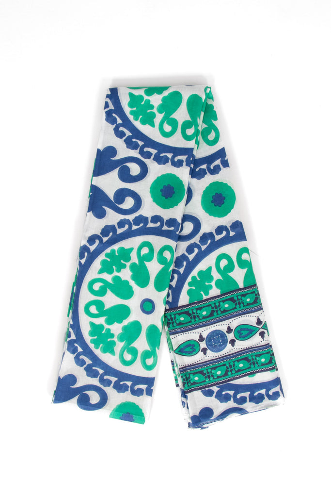 nala-lightweight-cotton-scarf-navy-blue-green-mosaic-print-folded-bold-pattern