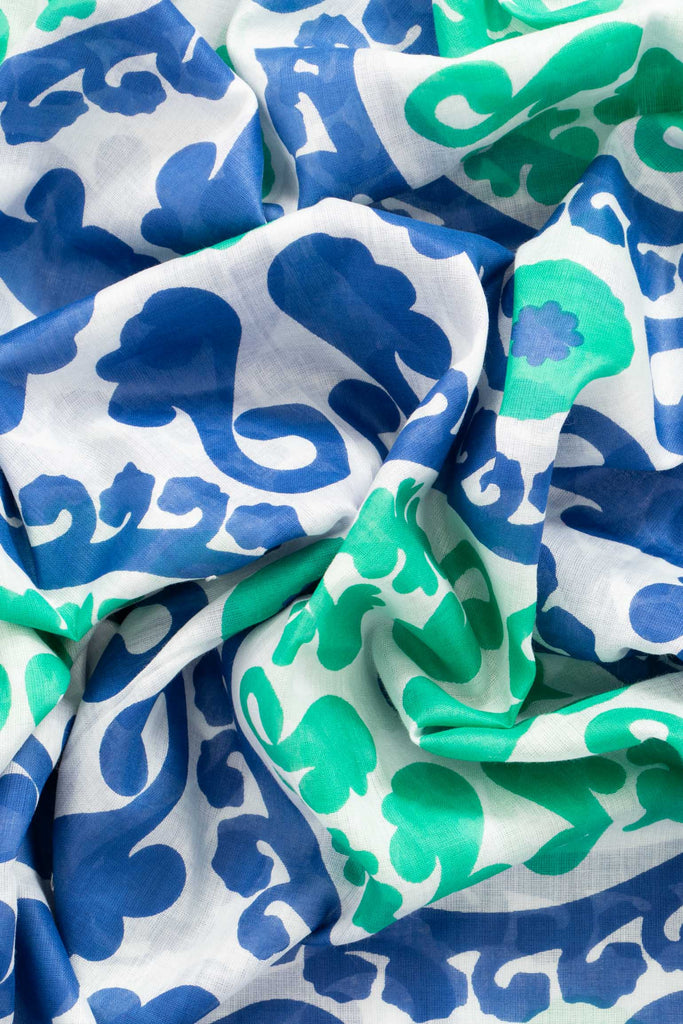nala-lightweight-cotton-scarf-navy-blue-green-mosaic-print-close-up-soft-fabric