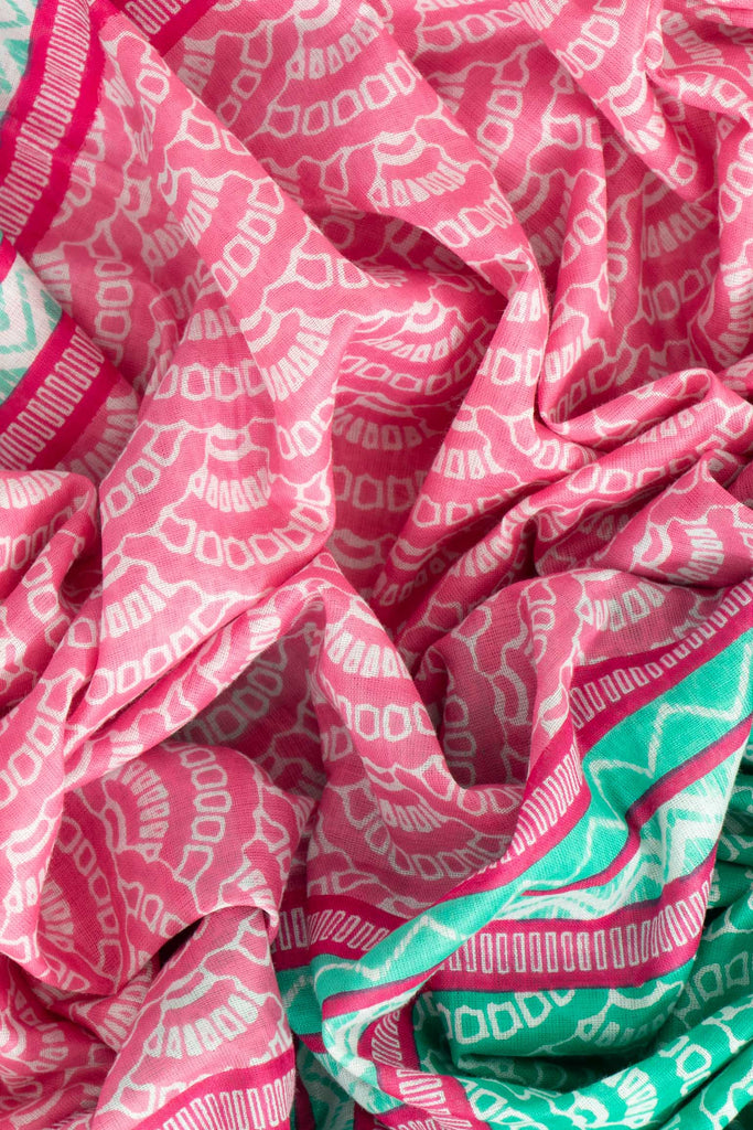 kaia-lightweight-cotton-scarf-green-pink-fan-print-colour-block-close-up-soft-material