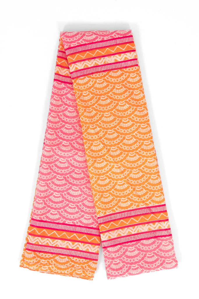 kaia-lightweight-cotton-scarf-hot-pink-orange-fan-print-colour-block-folded