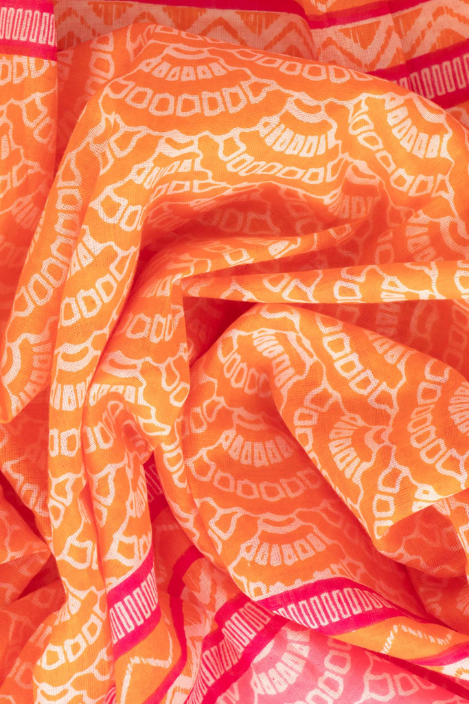 kaia-lightweight-cotton-scarf-hot-pink-orange-fan-print-colour-block-close-up-soft-material