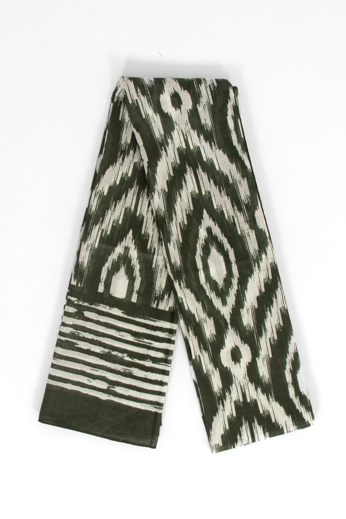 showing the scarf folded, the khaki green aztec pattern is shown to cover the design. the scarf also has a bordered edge which is partially striped.