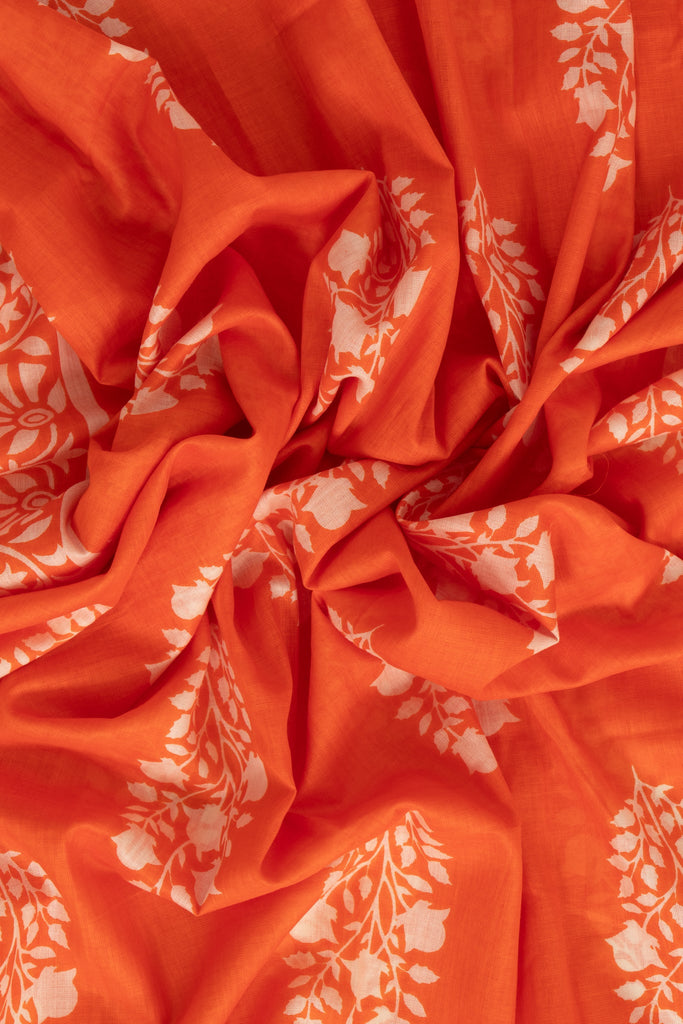 rue-lightweight-cotton-scarf-orange-leaf-print-close-up-soft-fabric