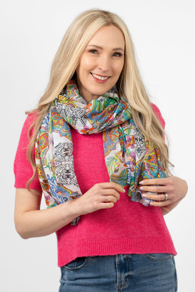 gaia-lightweight-cotton-scarf-blue-multi-mosaic-print-colourful-on-model