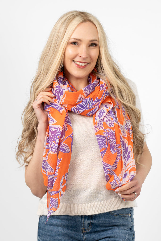 farrah-lightweight-cotton-scarf-orange-purple-floral-print-on-model