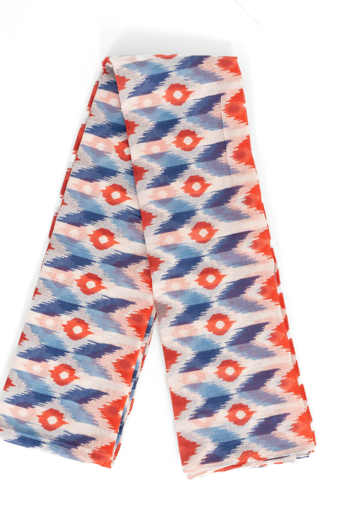 ayla-lightweight-scarf-red-blue-ikat-print-folded-pattern-covers-full-design