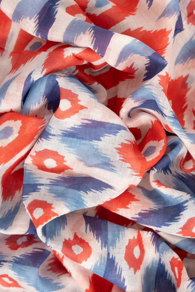 ayla-lightweight-scarf-red-blue-ikat-print-close-up-soft-material