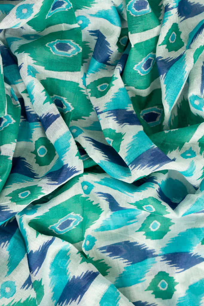 ayla-lightweight-cotton-scarf-blue-green-ikat-print-close-up