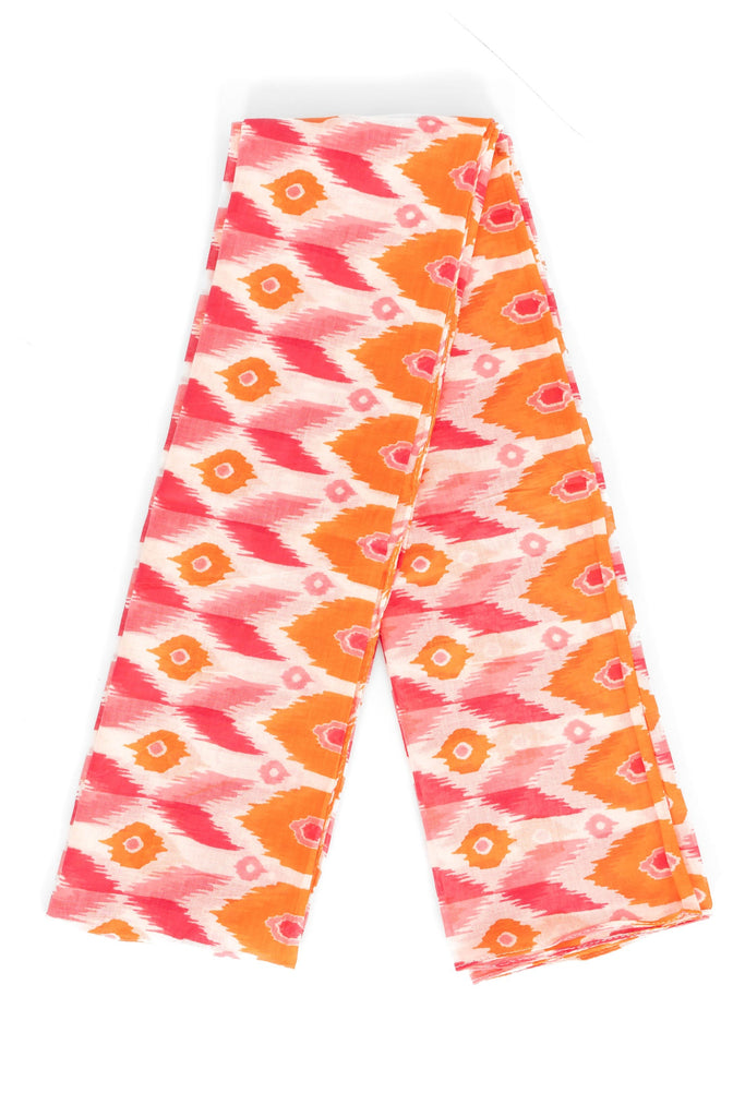 ayla-lightweight-scarf-pink-orange-ikat-print-folded-pattern-covers-full-design