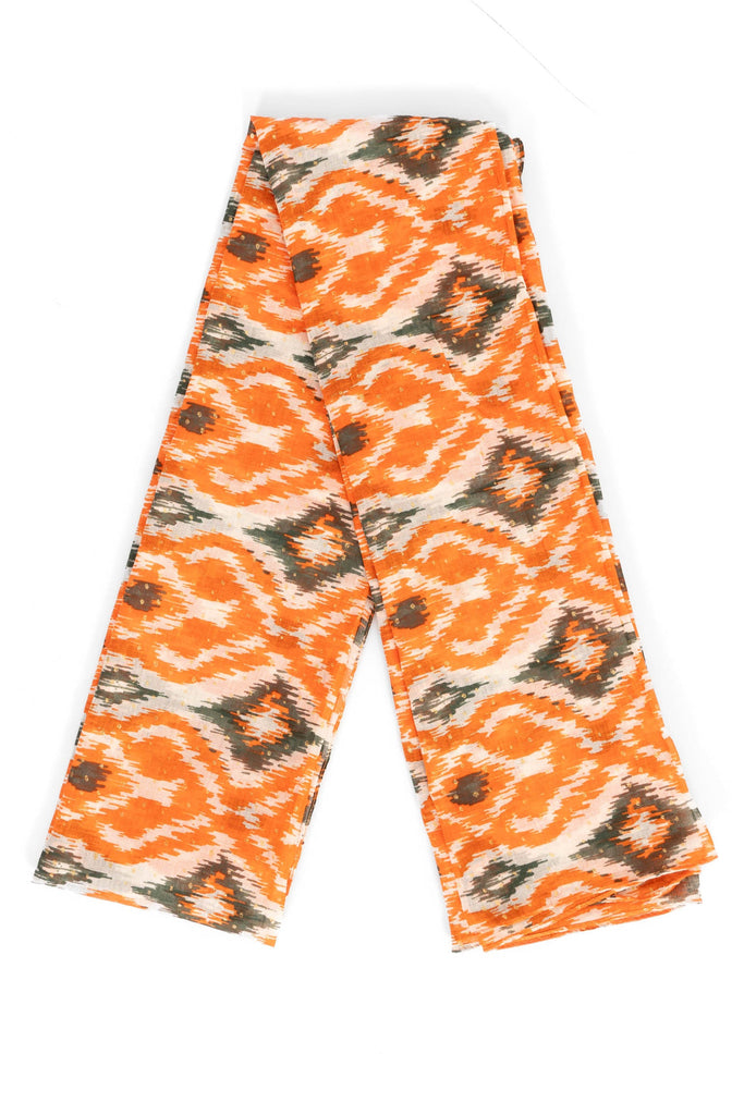 rani-lightweight-scarf-orange-khaki-aztec-print-folded-pattern-covers-full-design