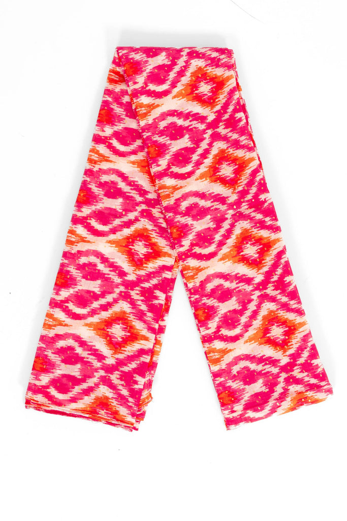 rani-lightweight-cotton-scarf-pink-orange-aztec-print-folded-pattern-coveres-full-design