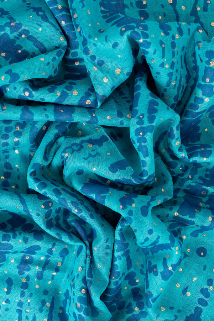 soraya-lightweight-cotton-scarf-blue-aqua-tie-dye-close-up-gold-foil-soft-material