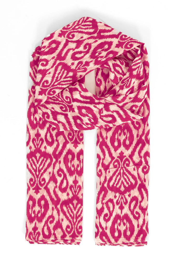 saffron-lightweight-cotton-scarf-fuchsia-damask-print-bold-pattern-cream-background