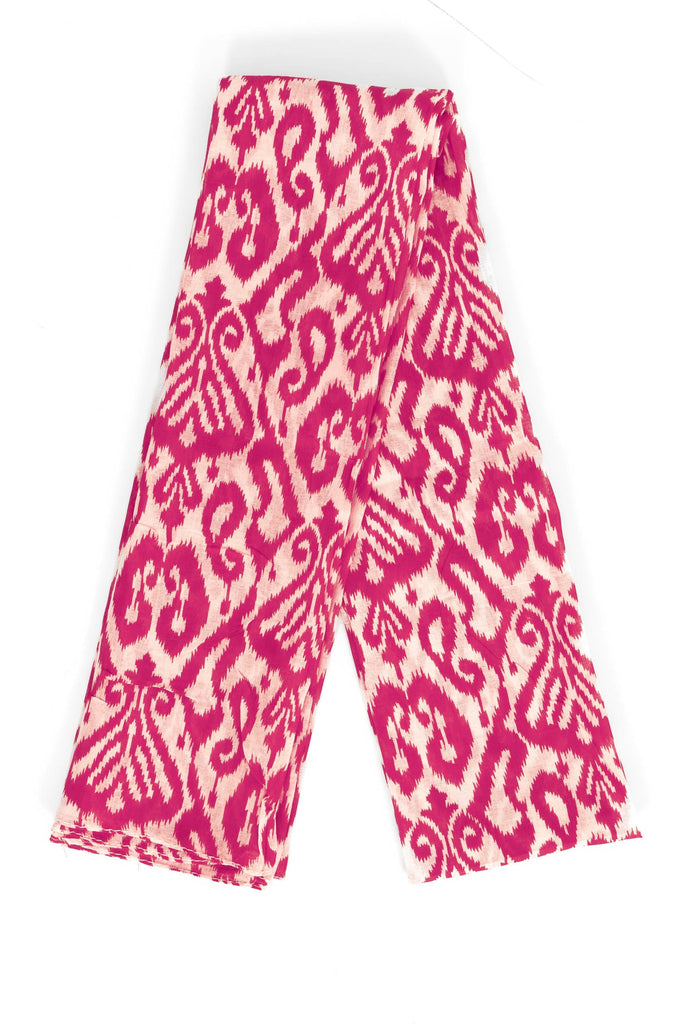 saffron-lightweight-cotton-scarf-fuchsia-damask-print-folded-showing-pattern-covering-entire-design