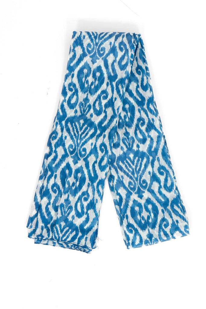 saffron-lightweight-cotton-scarf-light-blue-damask-print-folded-showing-pattern-covering-entire-design