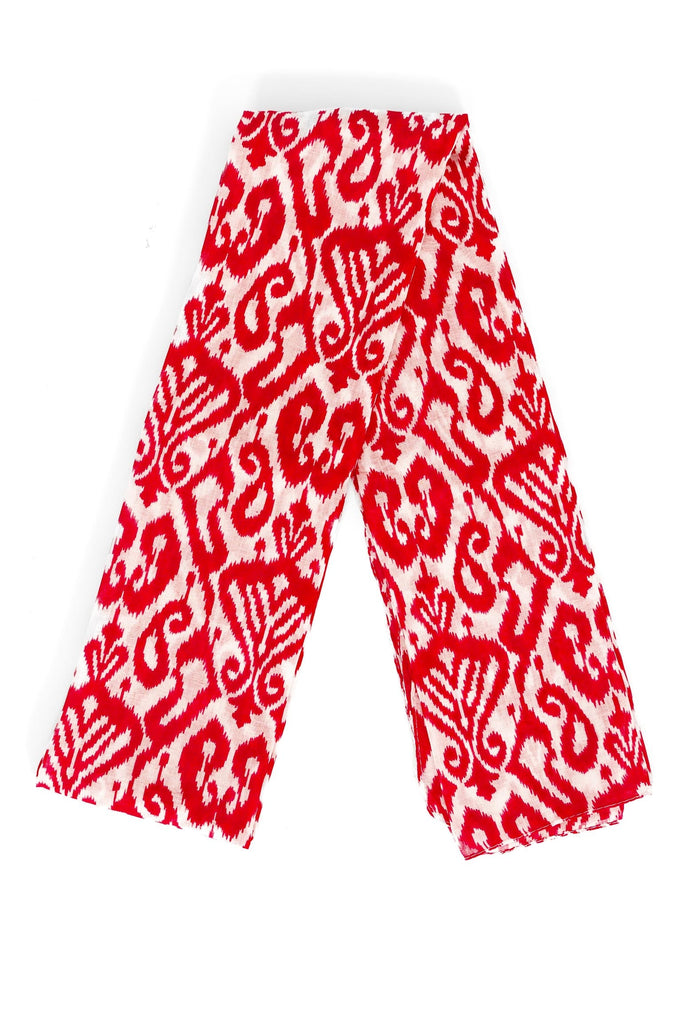 saffron-lightweight-cotton-scarf-red-damask-print-close-up-soft-material