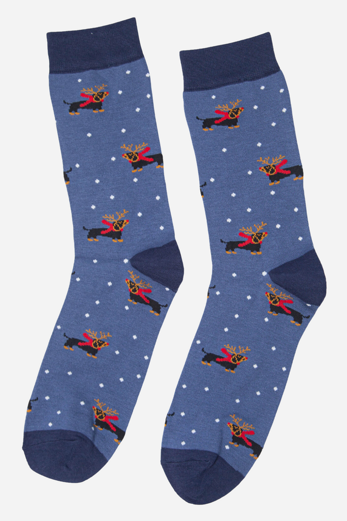 blue xmas novelty socks with dachshunds wearing reindeer antlers