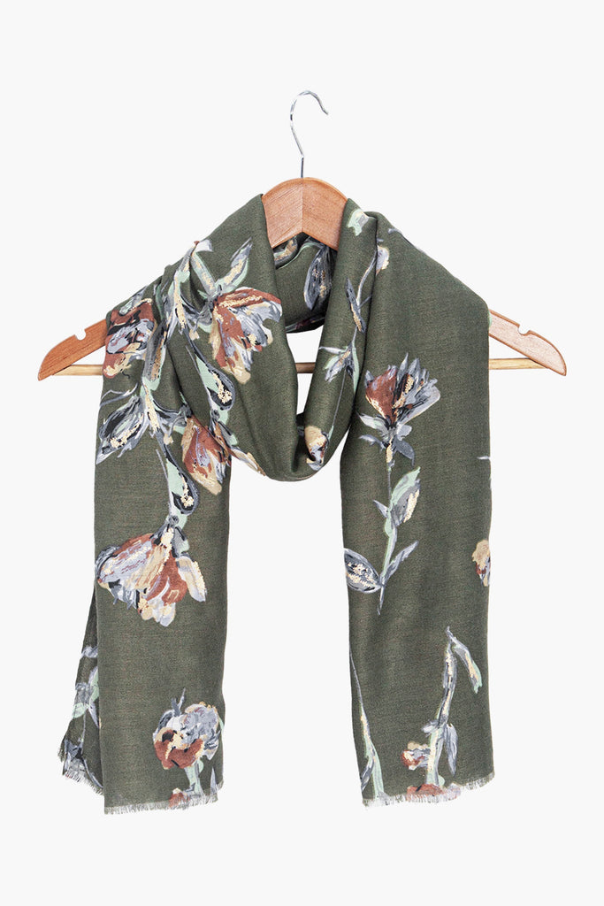 vaeda-khaki-floral-lightweight-scarf-draped-on-coat-hanger