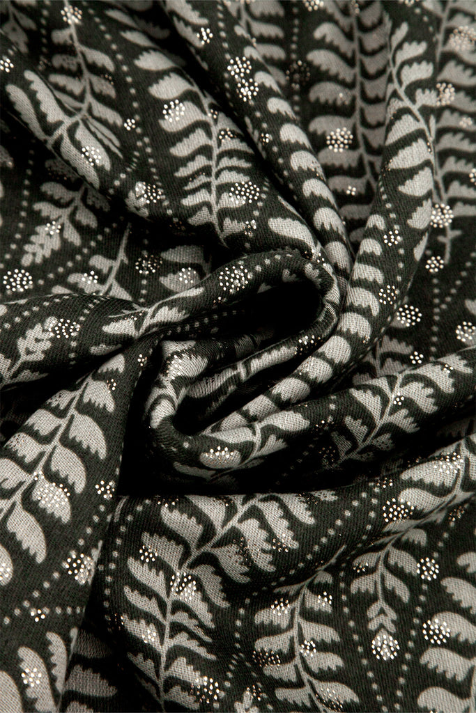 clover-khaki-fern-leaf-lightweight-scarf-close-up-gold-foil-accents