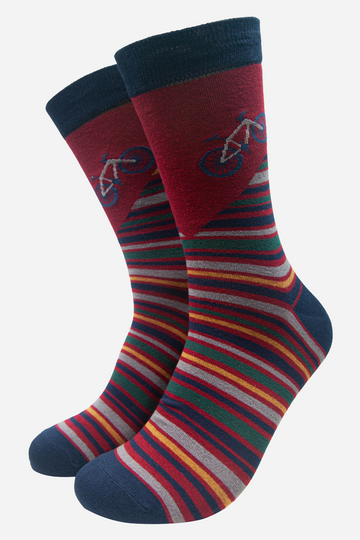 burgundy, and multiicoloured stripe bamboo socks with a mountain bike on the ankle