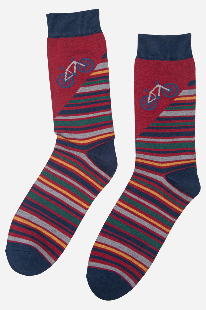 burgundy stripe bamboo dress socks with a mountain bike