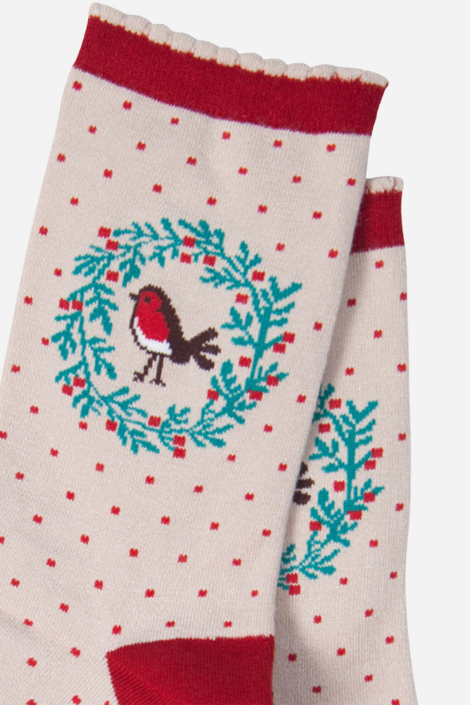 close up of the red robin bird and green holly wreath on the ankle of the socks