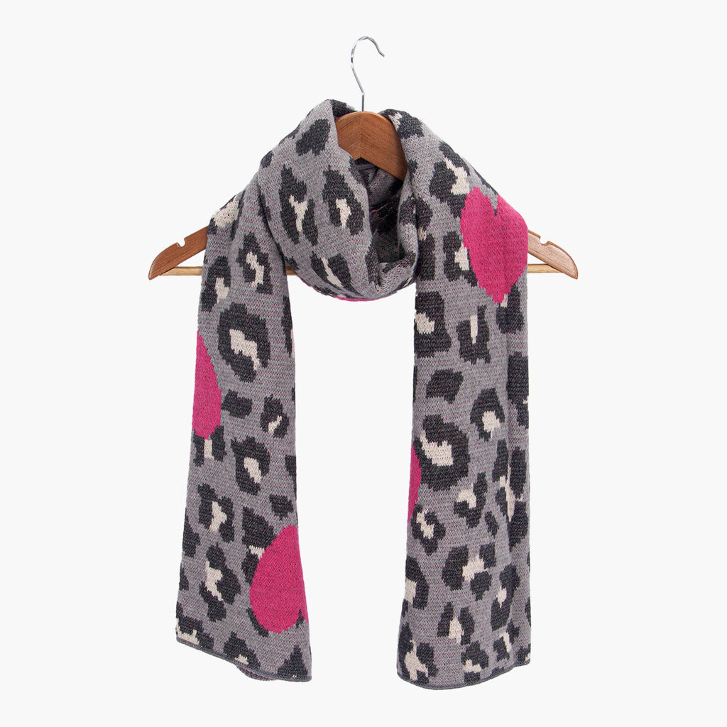 wylda-grey-leopard-and-hearts-heavyweight-scarf-draped-on-coat-hanger