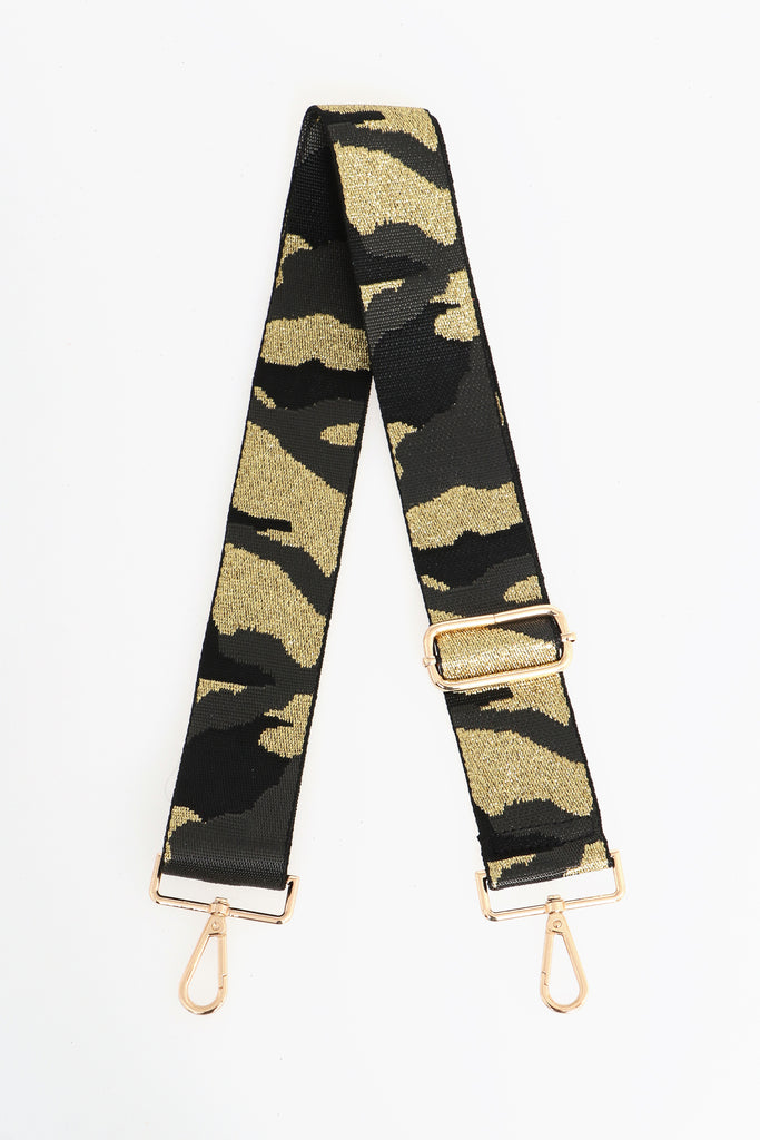 black and gold camo print bag strap with clip on attachments