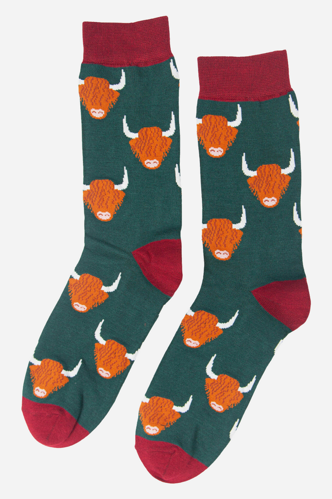 green and burgundy highland cow socks