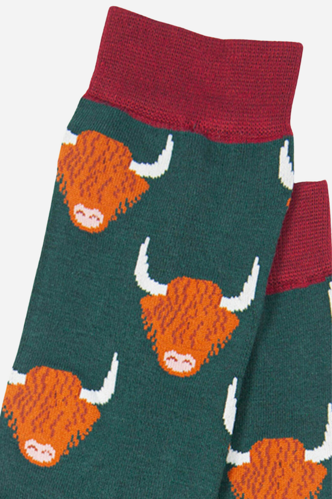 close up of the highland cow pattern on the bamboo socks