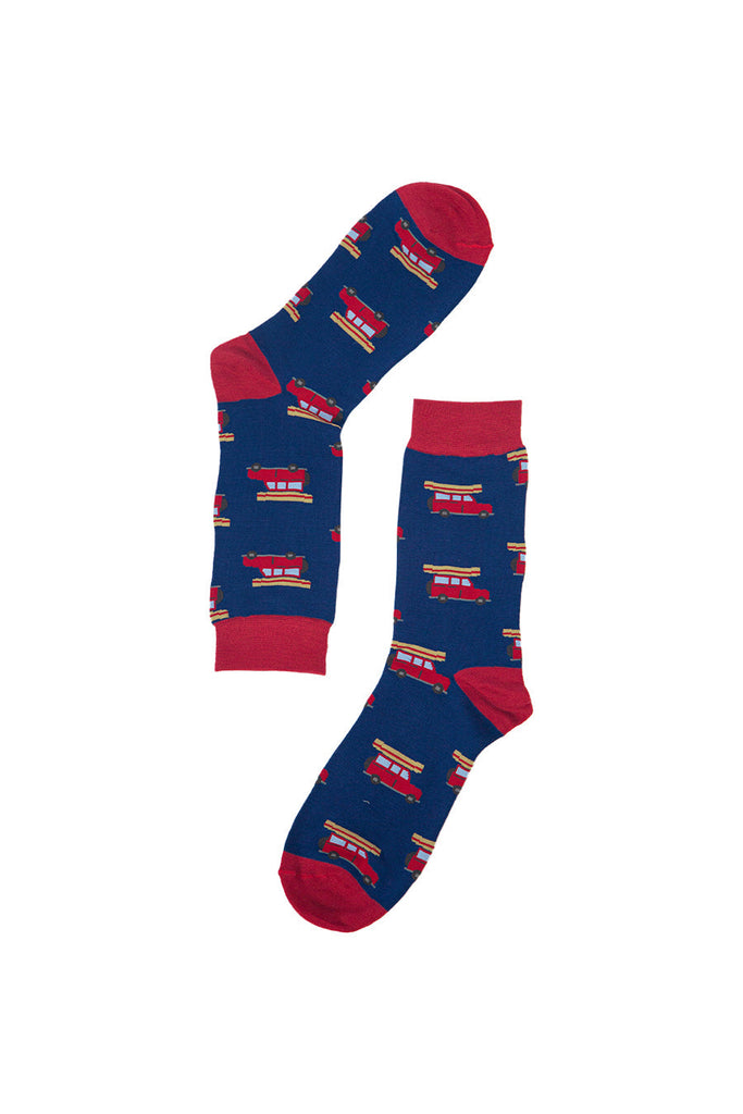 blue and red socks with a pattern of red vans all over
