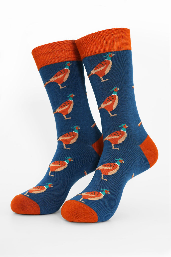 mens-bamboo-socks-blue-brown-pheasant-woodland-birds