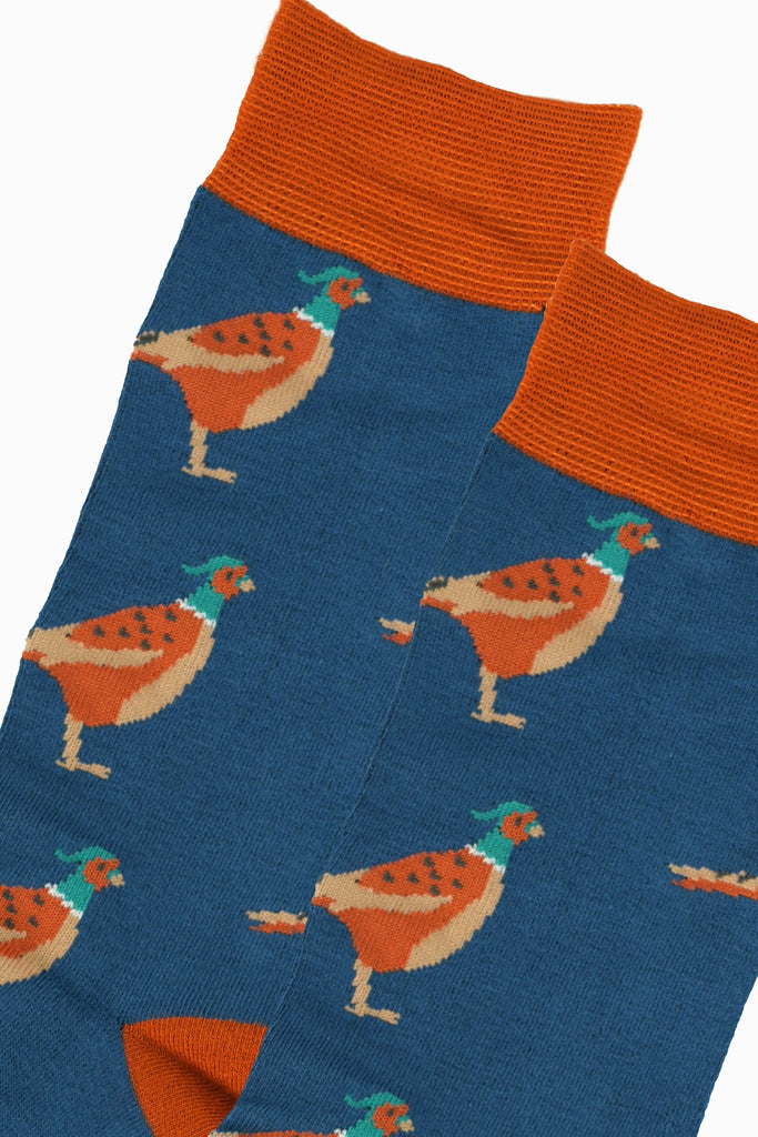 mens-bamboo-socks-blue-brown-pheasant-close-up