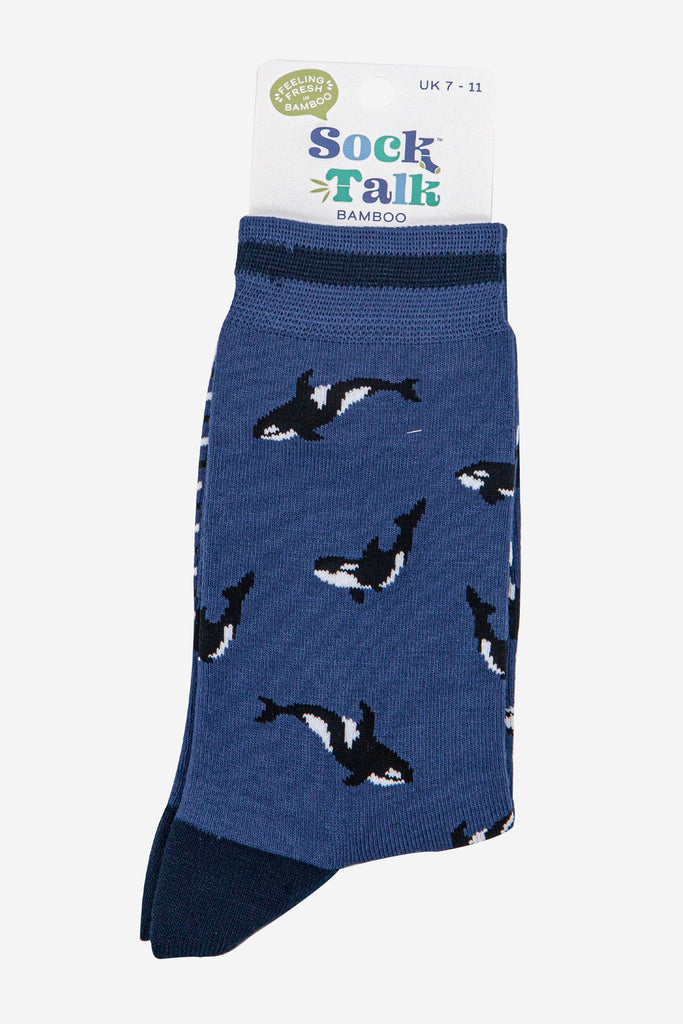 mens-bamboo-socks-denim-blue-navy-blue-orca-whales-in-sock-talk-packaging