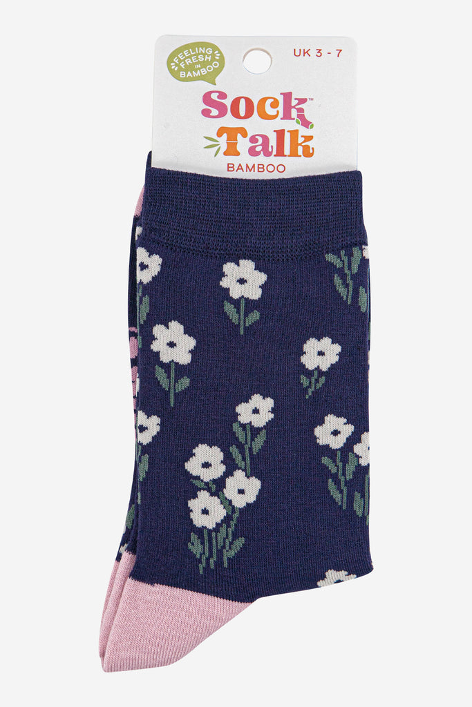 womens-bamboo-socks-navy-blue-dusty-pink-ditsy-floral-in-sock-talk-packaging