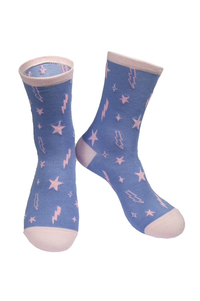 lilac socks with pink heel, toe and cuff with an all over lightning bolt and star pattern